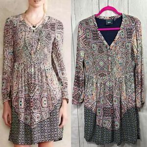 Maeve Boho Mixed Print Smocked Tiered Mini Dress Festival Indie Geometric